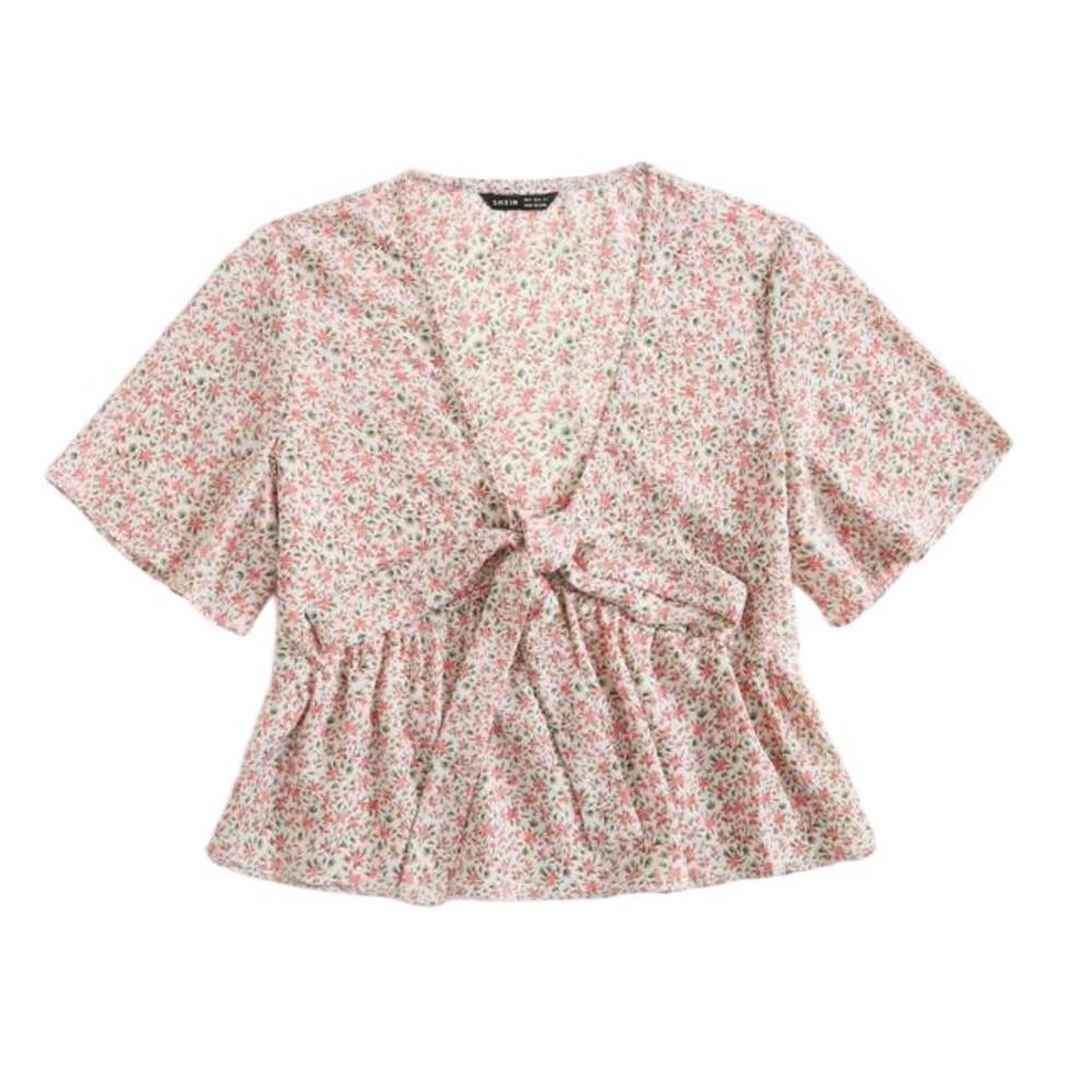 SHEIN Ditsy Floral Tie Front Peplum Blouse Top Shirt Bow Pink White — Size XL